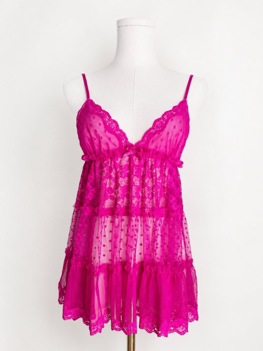 Victoria's Secret Fuscia Sheer Lace Satin Bow Babydoll Lingerie  NWT